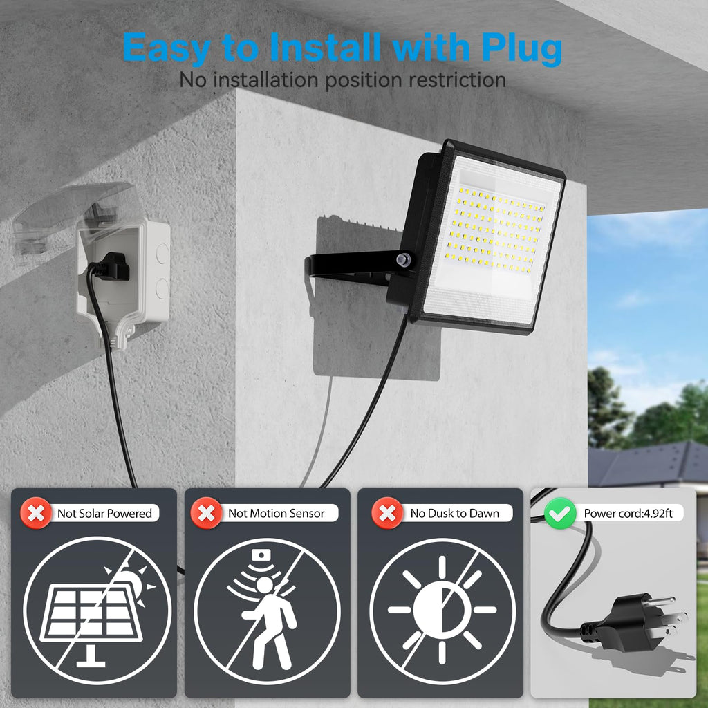 2 Pack 130W LED Flood Light Outdoor, 13000lm LED Work Light with Plug, IP66 Waterproof Exterior Security Lights