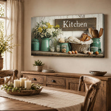 Large Kitchen Wall Art, Rustic Vintage Daisy Canvas Prints Wall Decor, Flowers Bread Jars & Wooden Kitchen Sign