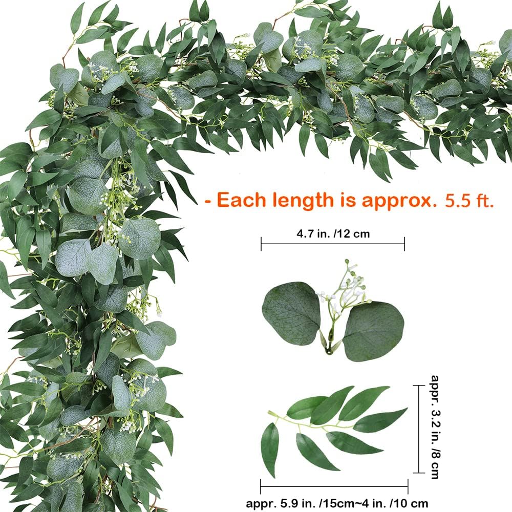 Fake Greenery Garlands Artificial Silver Dollar Eucalyptus Garland in Grey Green and Willow Twigs Garland Intertwined - Set of 2