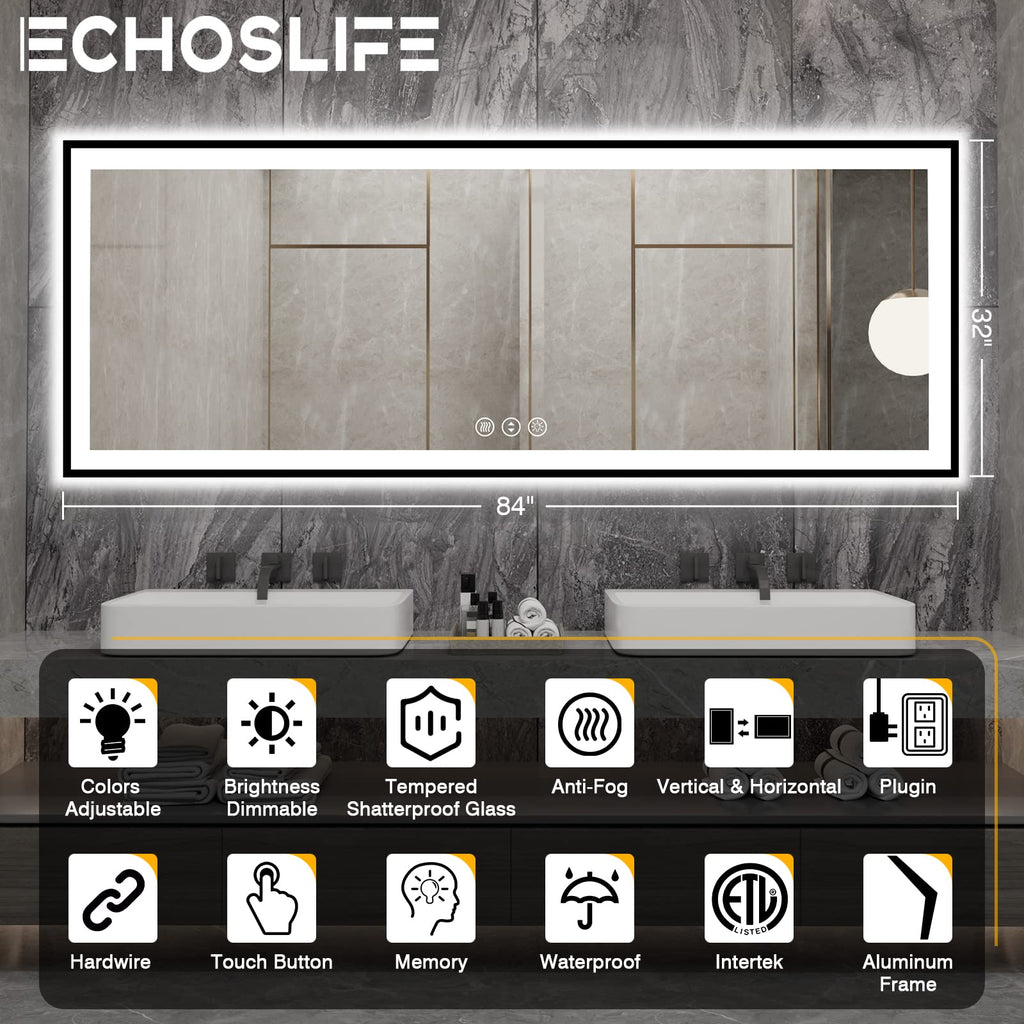 84x32 Large LED Bathroom Mirror - Black Aluminum Framed