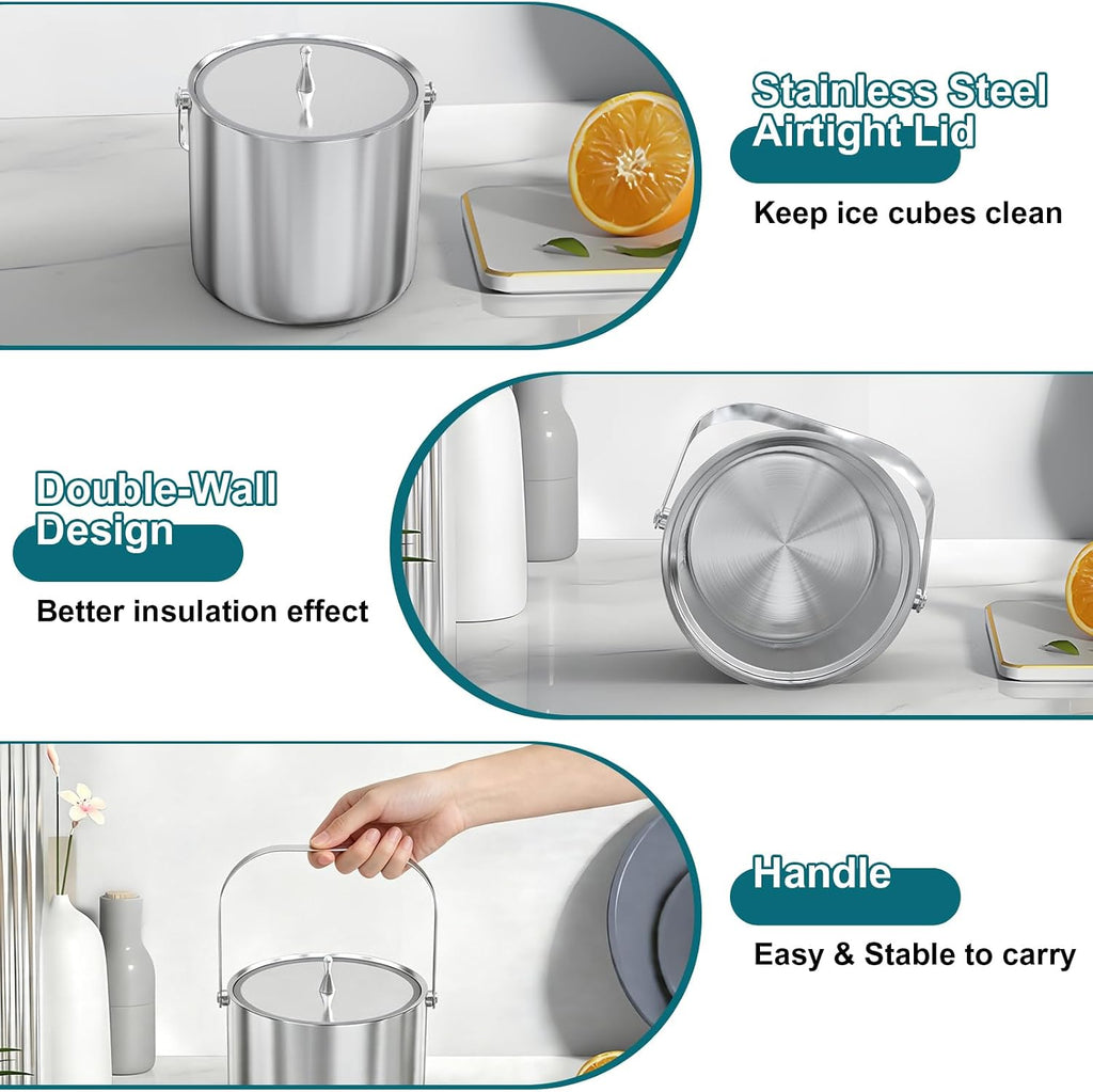 Ice Bucket for Parties, 3.4Qt/3.2L Double-Wall Stainless Steel Insulated Ice Bucket with Lid, Scoop, Tongs