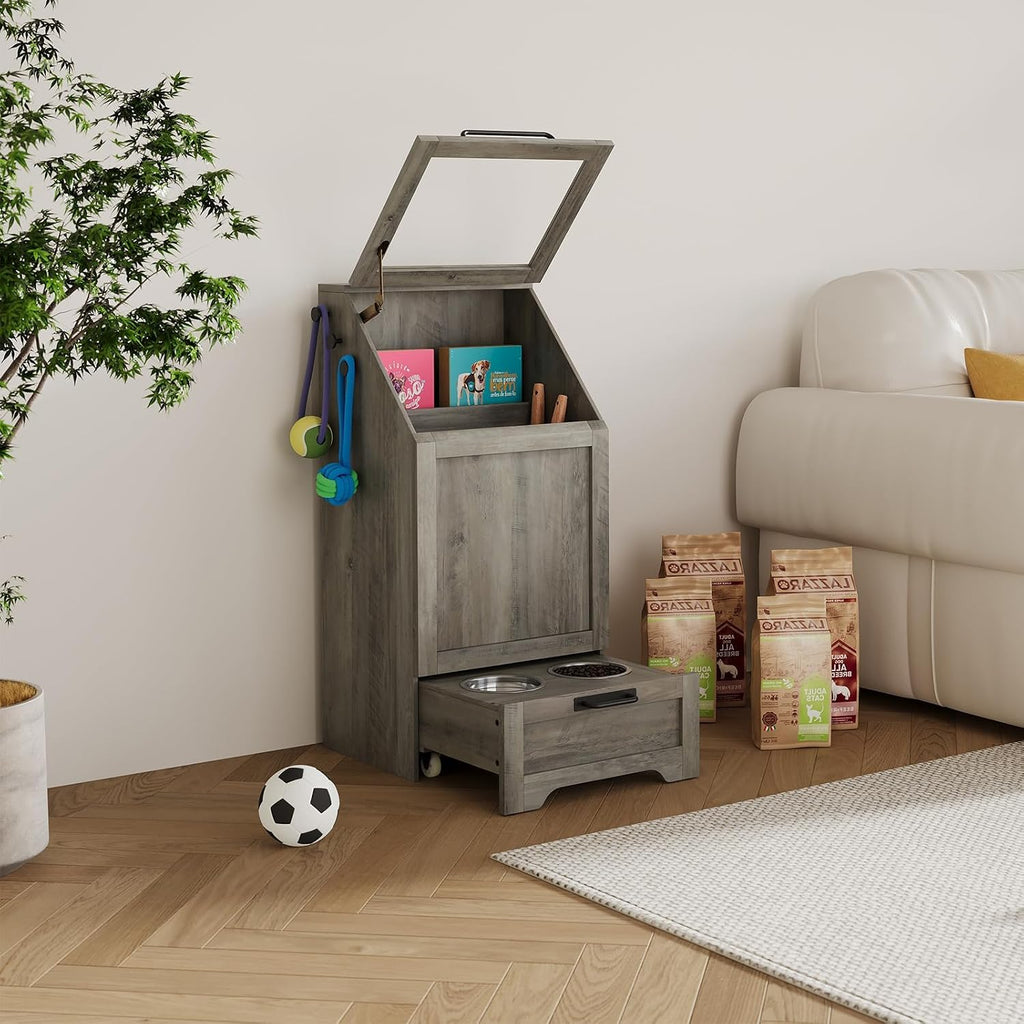 Dog Feeding Station, with Pet Feeding Station, Flip Top Dog Food Storage Cabinet, 2 Elevated Bowls, Includes 3 Hooks