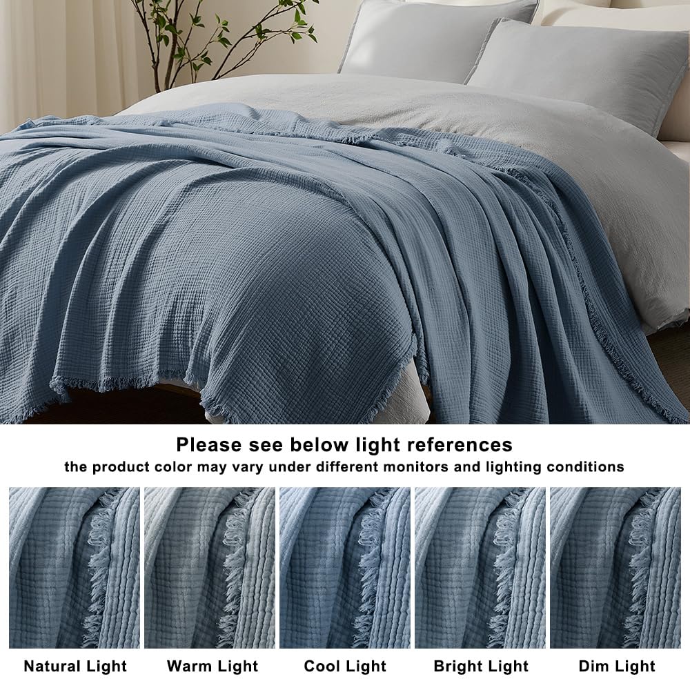 100% Cotton Muslin Blanket 4-Layer for Bed Breathable Lightweight Soft Large Boho Farmhouse Linen Tassels