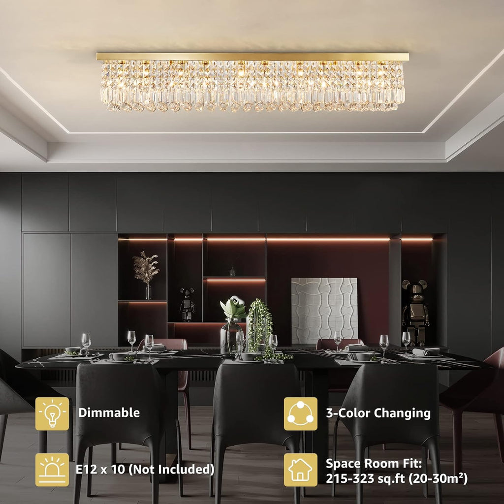 10-Light Modern Crystal Chandelier, Luxury Gold Rectangular Flush Mount Ceiling Light, Large Rectangle Raindrop