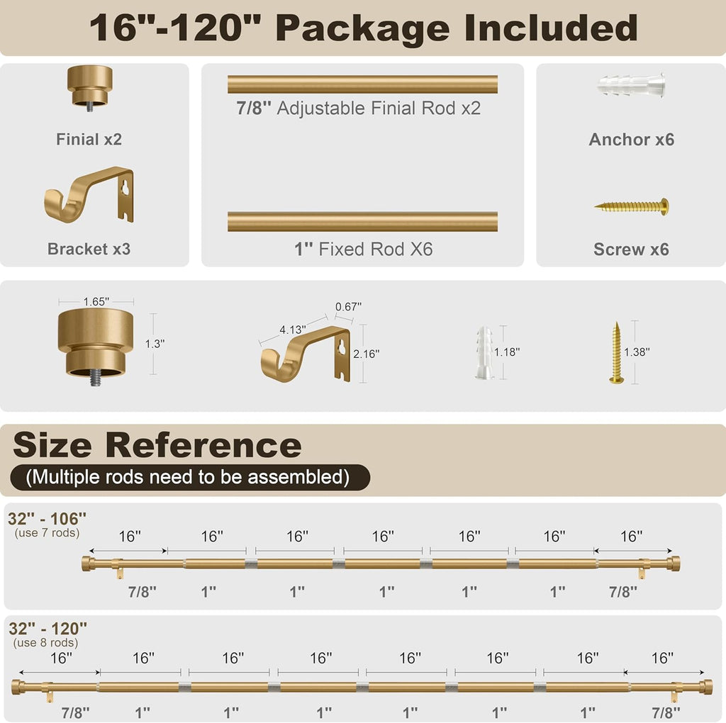 Gold Heavy Duty Curtain Rods for Windows 66 to 120 Inches Adjustable Length 1" Diameter Brass Curtain Rod with Modern