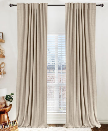 Linen Blackout Curtains for Bedroom 96 Inches Long, Back Tab/Rod Pocket Living Room Drapes, Thermal Insulated