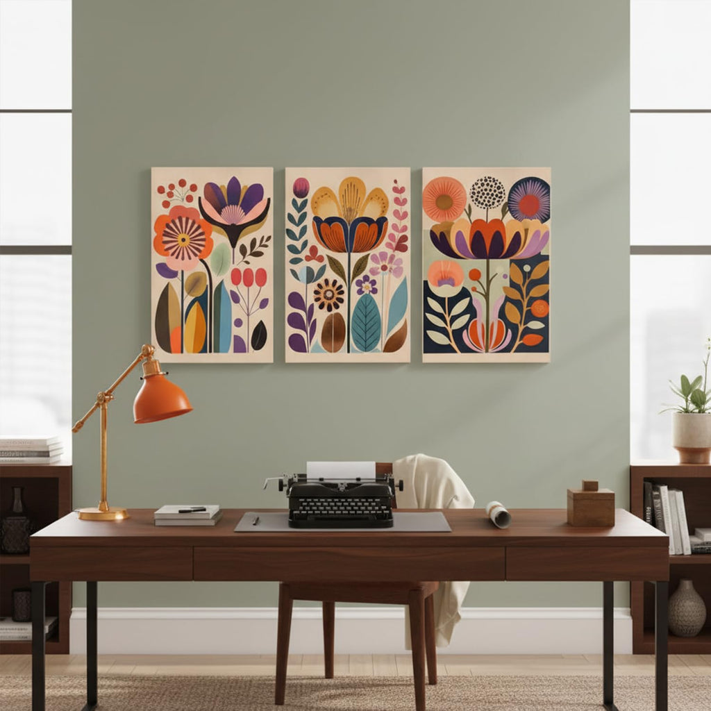 Scandinavian Flower Canvas Wall Art Mid Century Colorful Floral Wall Decor