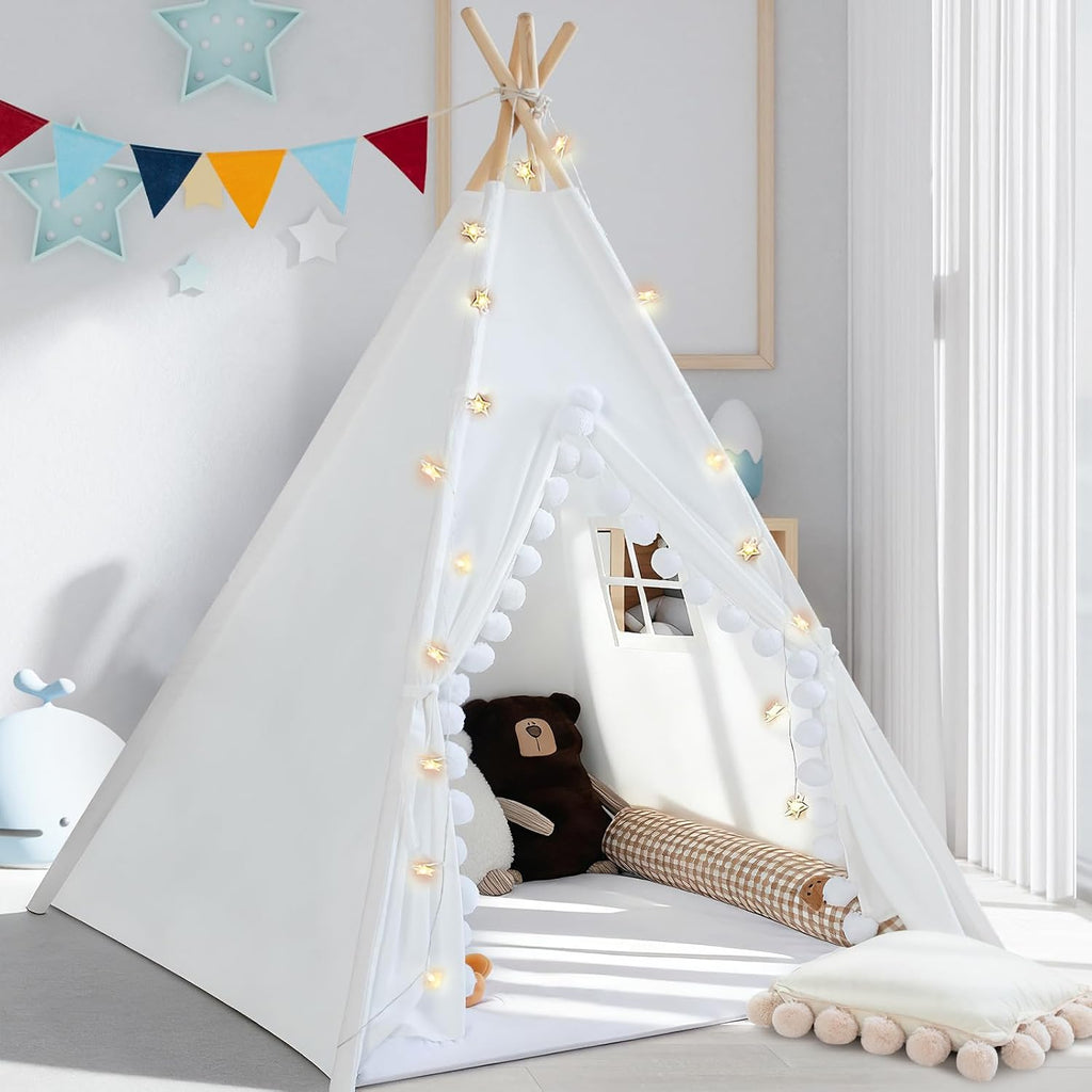Teepee Tent for Kids with Padded Mat Cotton Canvas Kids Teepee with Pompom for Toddlers Indoor Play Tent for Girls