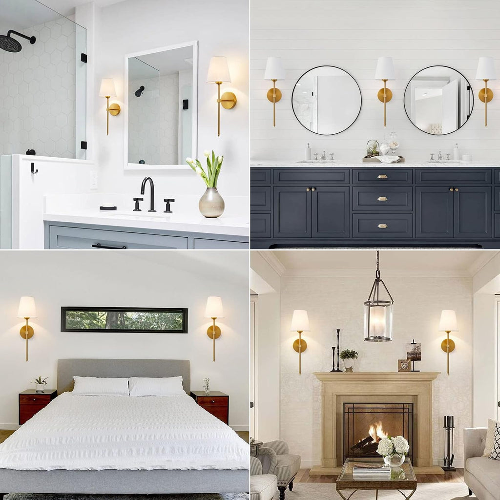 Wall Sconces Sets of 2, Retro Industrial Wall Lamps, Bathroom Vanity Sconces Wall Lighting with White Fabric Shade