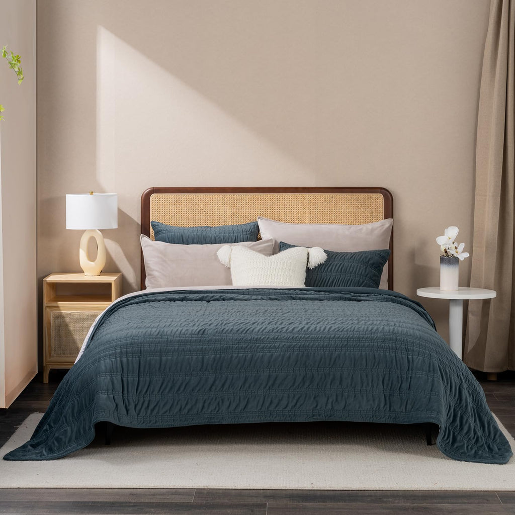 Luxury Ruched Velvet Quilt Set, Stormy Blue