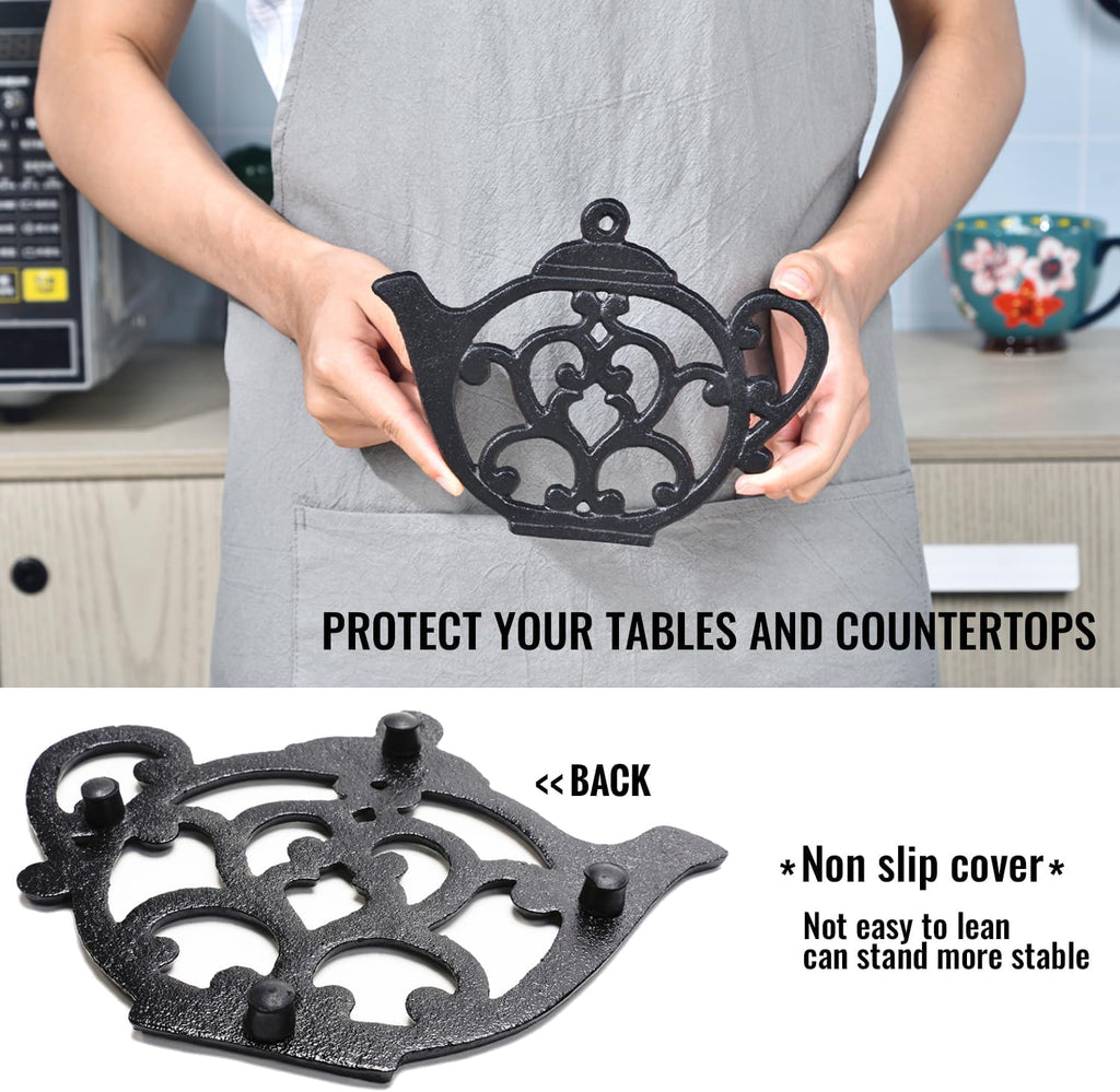 Heavy Duty Cast Iron Trivet,Decorative Rustproof Black Trivet or Dinning Table,7.9" x 6" with Vintage Lovely Teapot