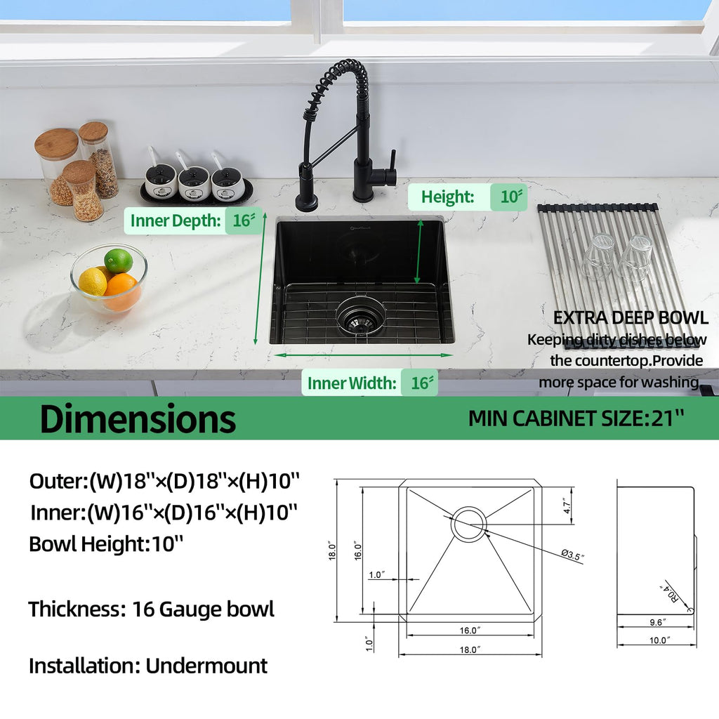 Undermount, 18 x 18 x 10 Inch Single Bowl Undermount Small Bar Sink 16 Gauge Stainless Steel Gunmetal Black