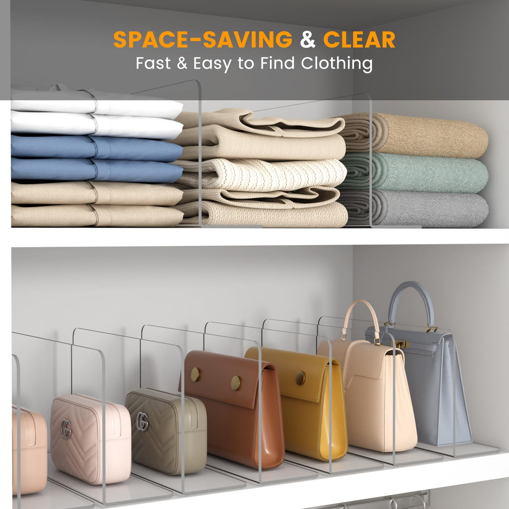 Shelf Dividers for Closet Organization - Keep Sweaters & Purses Upright, Clear Acrylic Separators for Most Wood