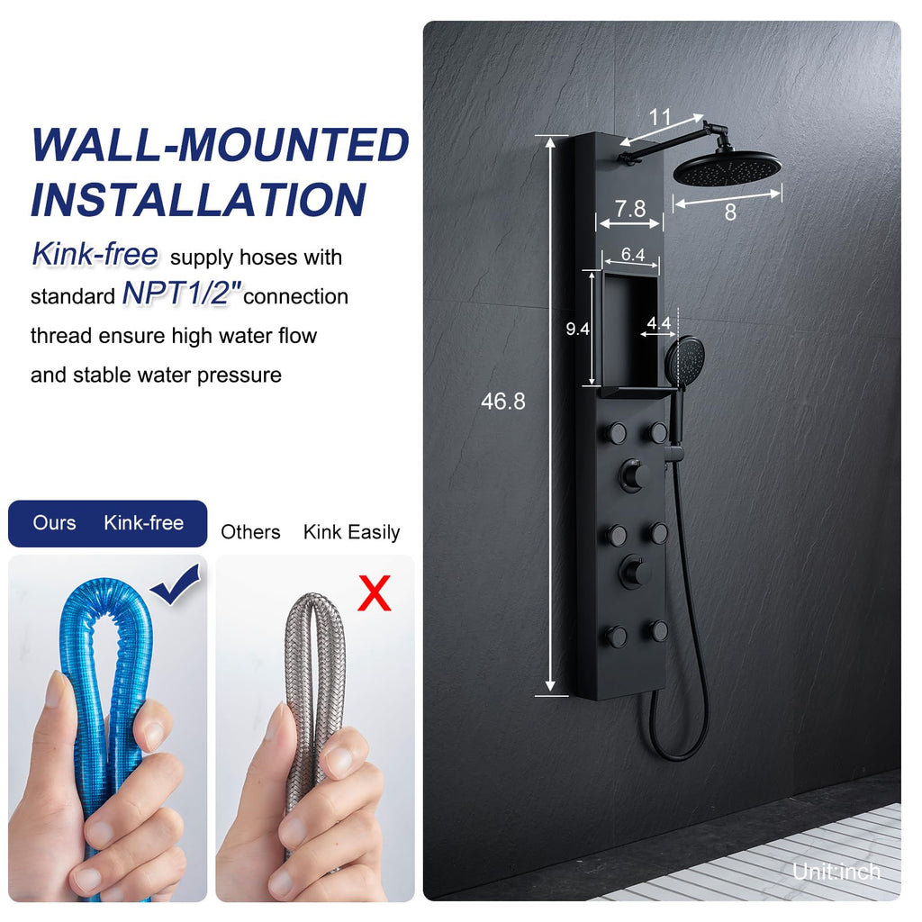 Shower Panel Tower System with Shelf & 6 Body Jets, Matte Black