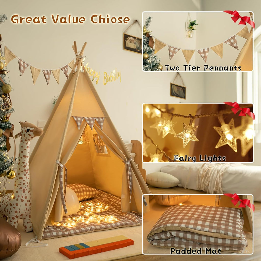 Teepee Tent with Padded Mat Bunting Banner Fairy Lights - Print Gingham Kids Play Tent with Carry Bay for Indoor