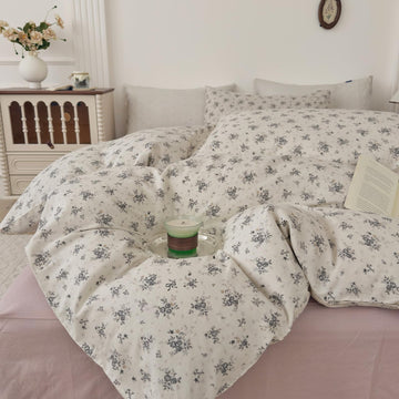 Muslin Cotton Duvet Cover Set King Floral Prints, Off-White