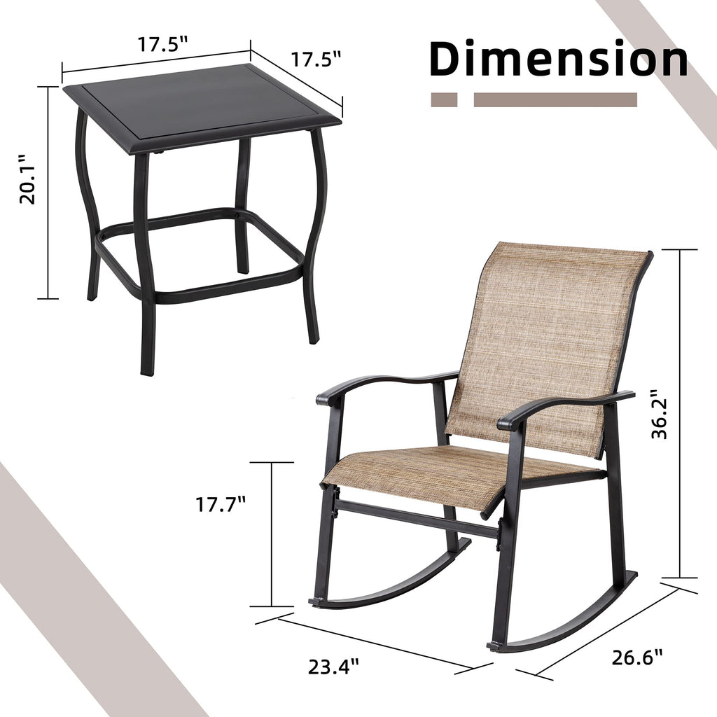 3 Piece Outdoor Rocking Bistro Set, Textilene Fabric Small Patio Furniture Set, Front Porch Rocker Chairs