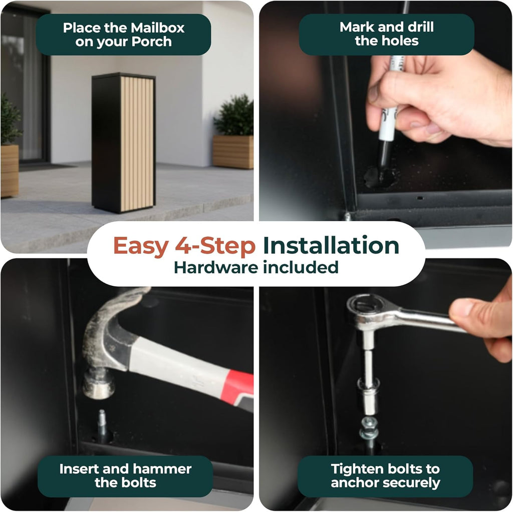 Aspen USPS Compatible Mailbox, Classic Black/Oak Package Mailbox, Anti-Theft Locking Parcel Drop Box Packages