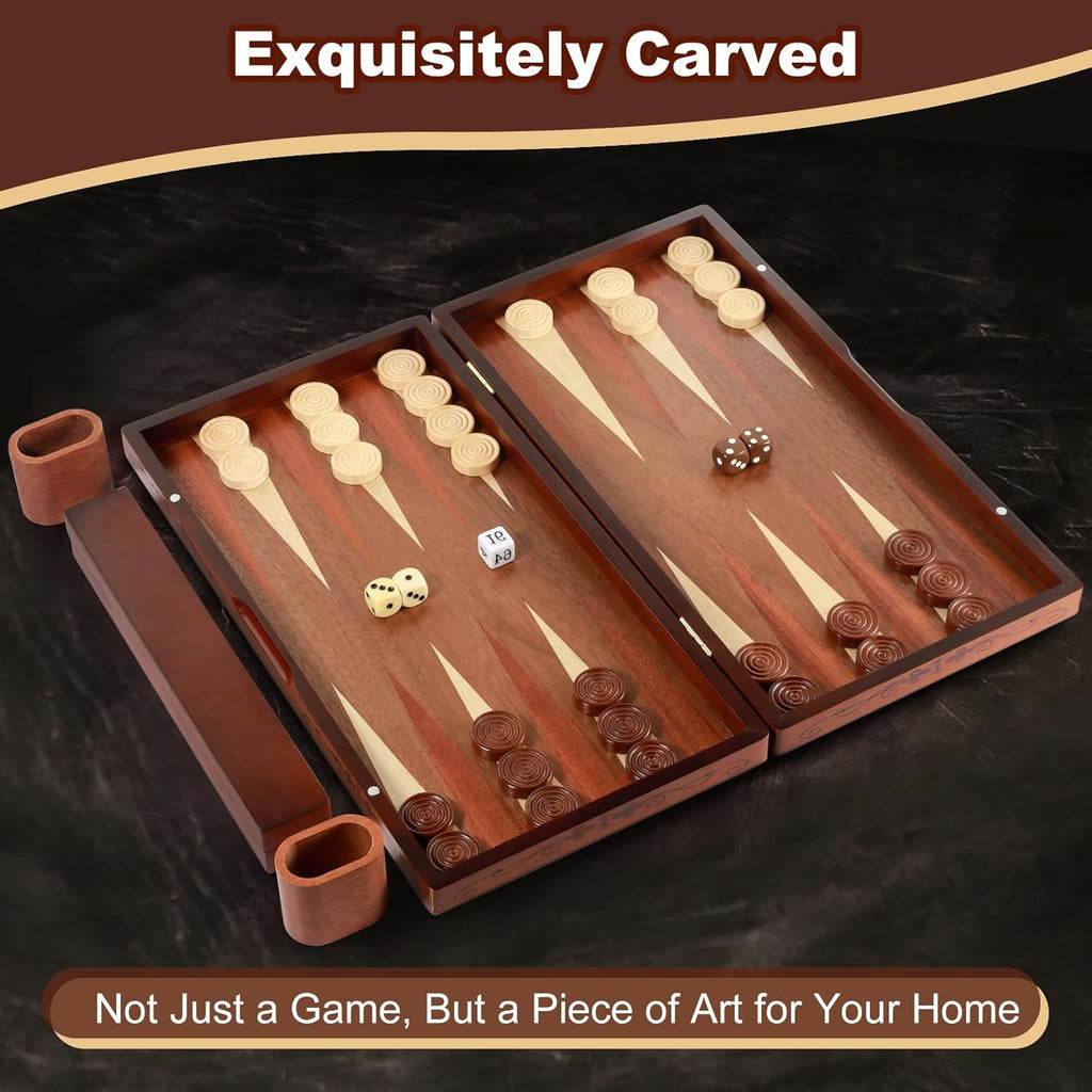 Handcrafted Wooden Backgammon Set - 16x15.3inch, Oversized Pieces, Intricate Carvings, Premium Travel Game Board
