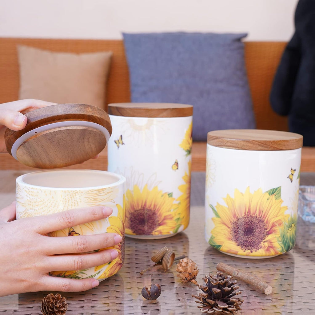 Sunflower Ceramic Canister Sets Counter,Tea Coffee Sugar Canister Set with Bamboo Lid - Set of 3