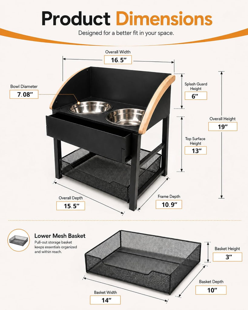 Elevated Dog Bowls for Large Breed Dogs with Storage Basket, 13 Inch Tilted Raised Dog Bowl Stand with Stainless