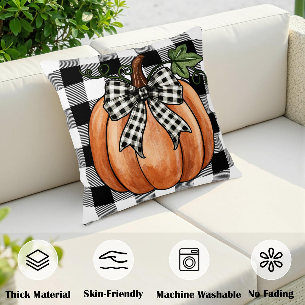 Fall Pillow Covers Burnt Orange Maple Leaf Pumpkin Black Buffalo Plaid Throw Pillow Covers Autumn Thanksgiving