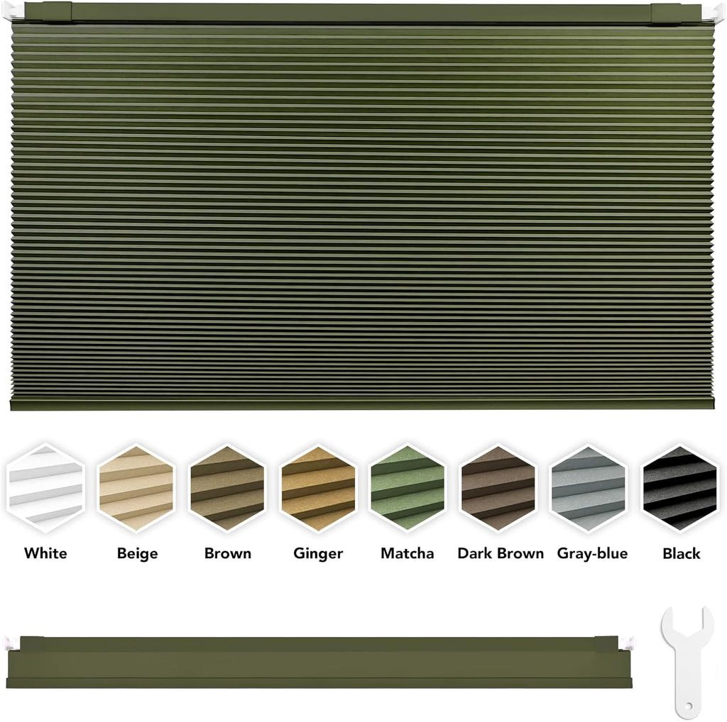No Drill Cordless Cellular Shades, Green, Honeycomb Blinds for Indoor Windows, Blackout, Easy Install, Shades