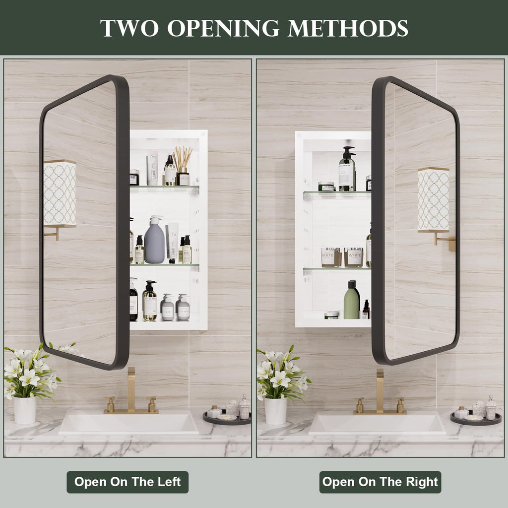 WallByond Bathroom Medicine Cabinet with Mirror, 16x24 Inch Black Recessed Medicine Cabinet with Round Corner