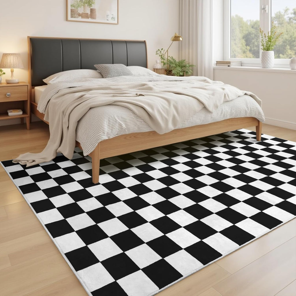 Black and White Checkered Rug for Living Room,5x7 Area Rugs Washable with Non Slip for Bedroom,Soft Low Pile Stain