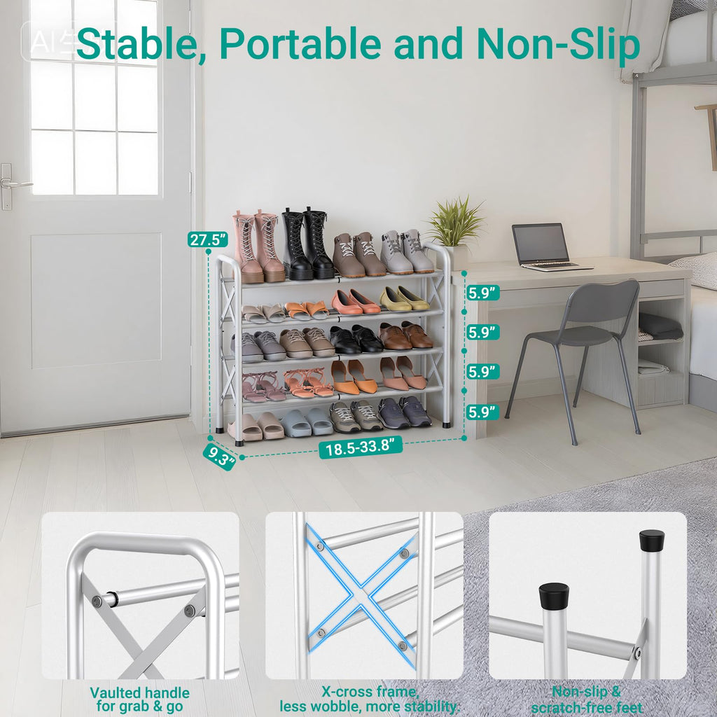 4-Tier Expandable Shoe Rack for Closet Floor, X-Frame - White