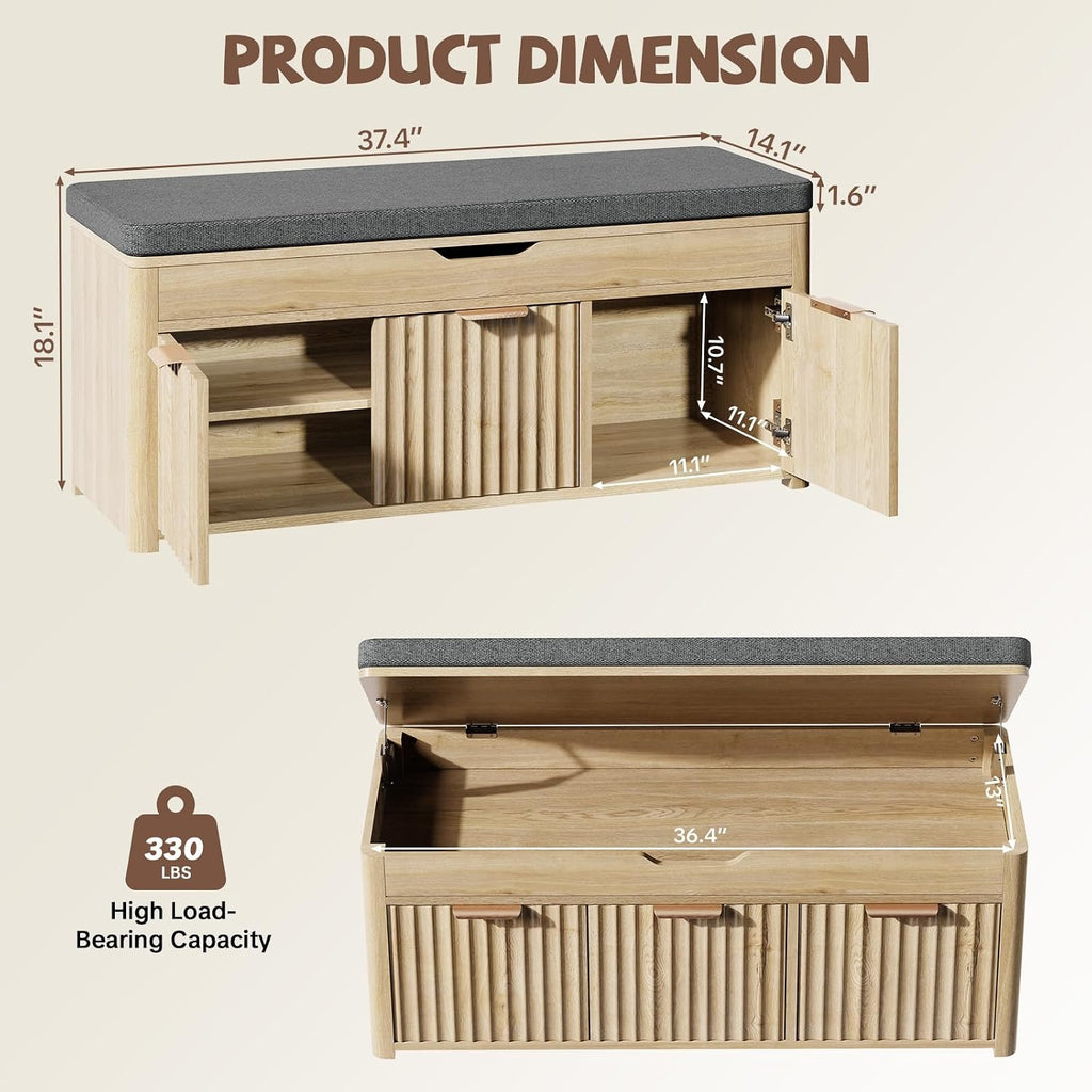 37.4" W Shoe Bench with Storage, Lift Top Entryway Bench, Natural | 2-Tier Adjustable Shoe Rack with Cushioned Seat