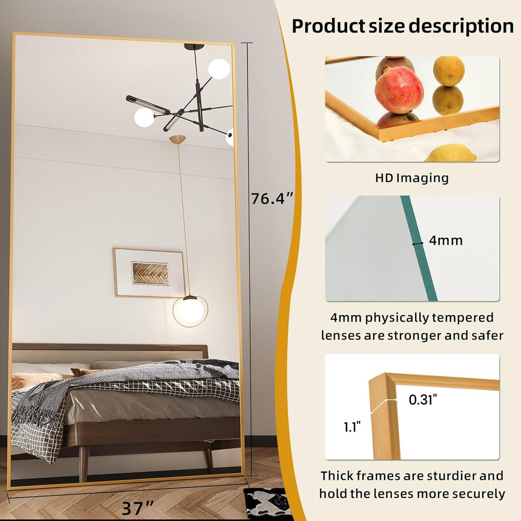76" x 37" Full Length Mirror with Stand, Gold Large Floor Mirror
