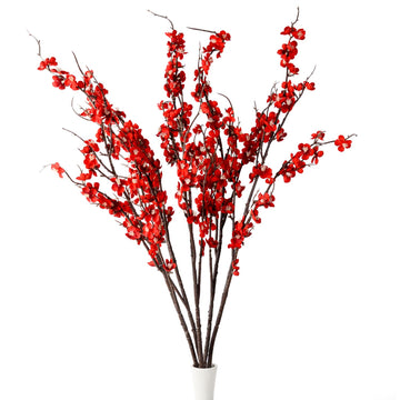 Artificial Cherry Blossom Branches 5pack 39" Faux Flower Stems Wedding Decor (5, Red)