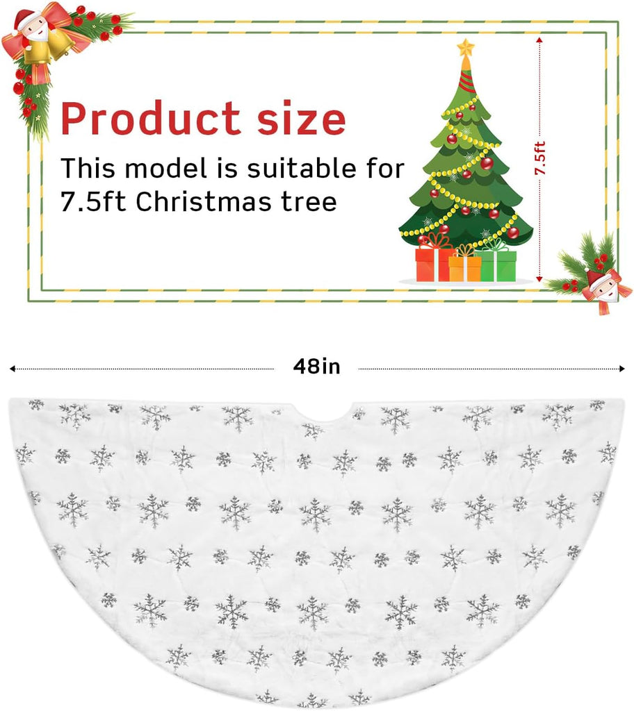 48 Inches Faux Fur Christmas Tree Skirt, Silver Sequin Snowflake