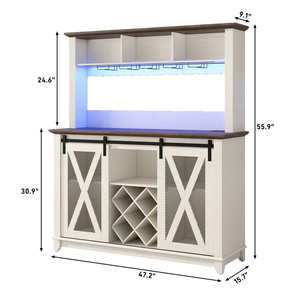 47" Wide 56" H Farmhouse Coffee Bar Cabinet with Power Outlet and LED Light, Wine Bar Cabinet w/3 Storage Hutch(White)