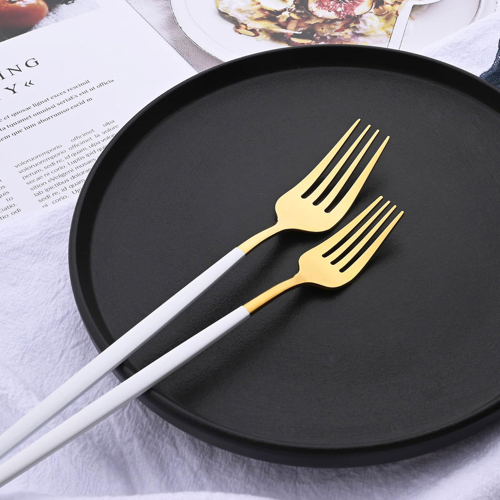 Mirror Silverware Set, 24-Piece 18/0 Stainless Steel Flatware Set For 6, Gold and White Color Forks Spoons Knives