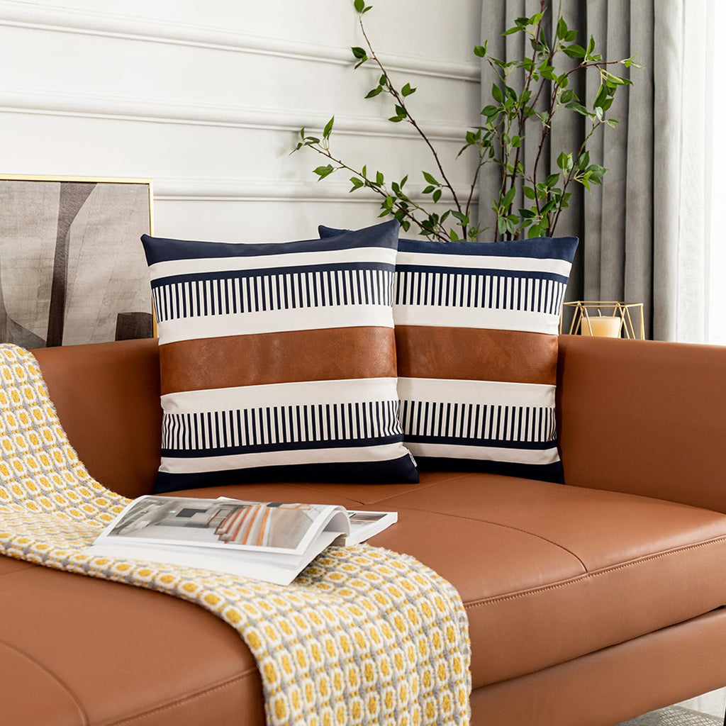 Set of 2 Navy Blue and White Boho Throw Pillow Cover, Faux Leather Modern Couch Pillow Covers 22x22 inch Farmhouse
