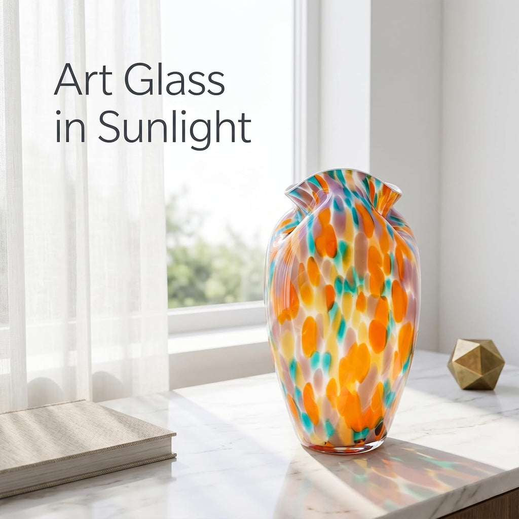 Murano Style Glass Vase, Hand Blown Decorative Art Vase with Ruffled Opening for Flowers, Shelf Tabletop Mantel