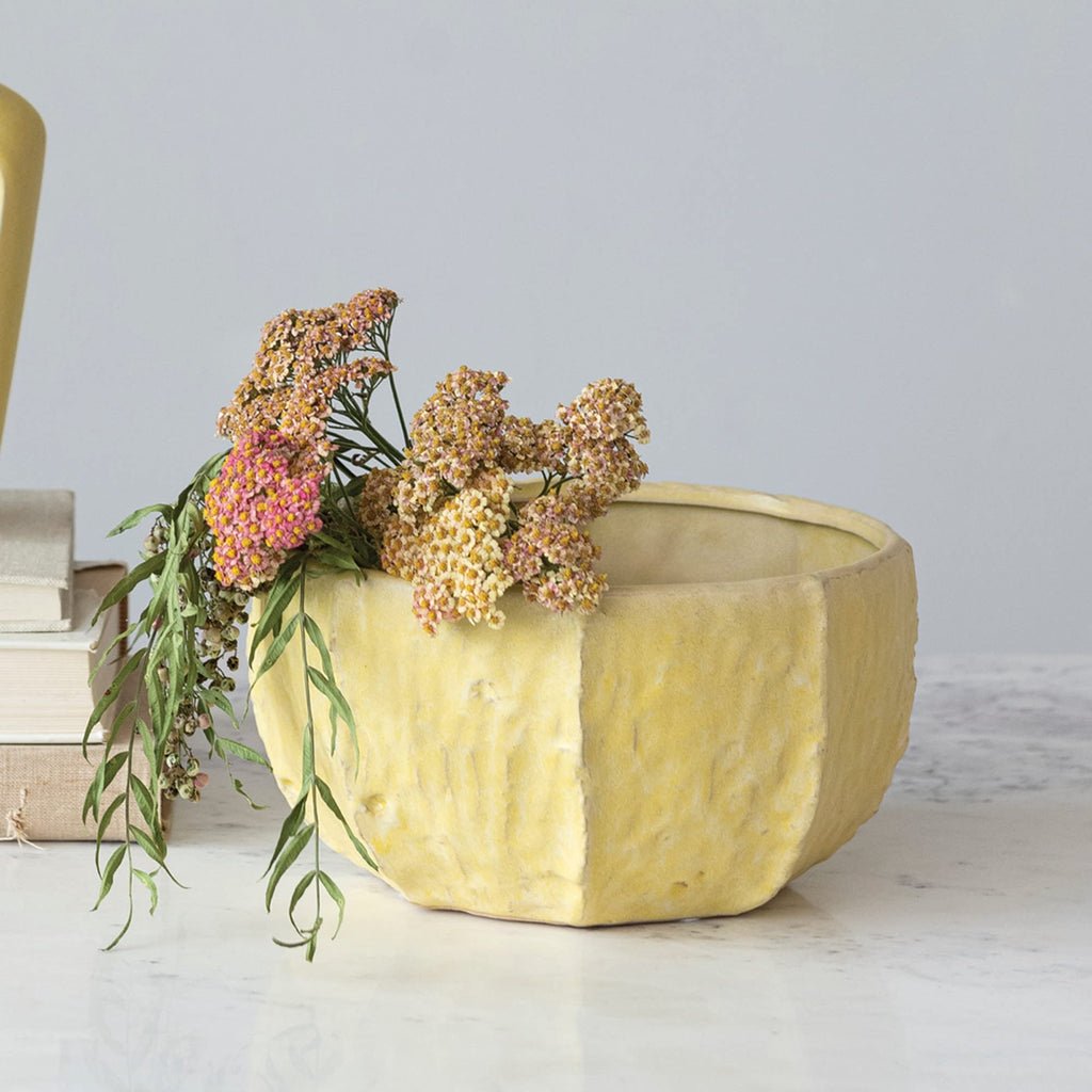 Stoneware Planter with Organically Shaped Detail, Yellow