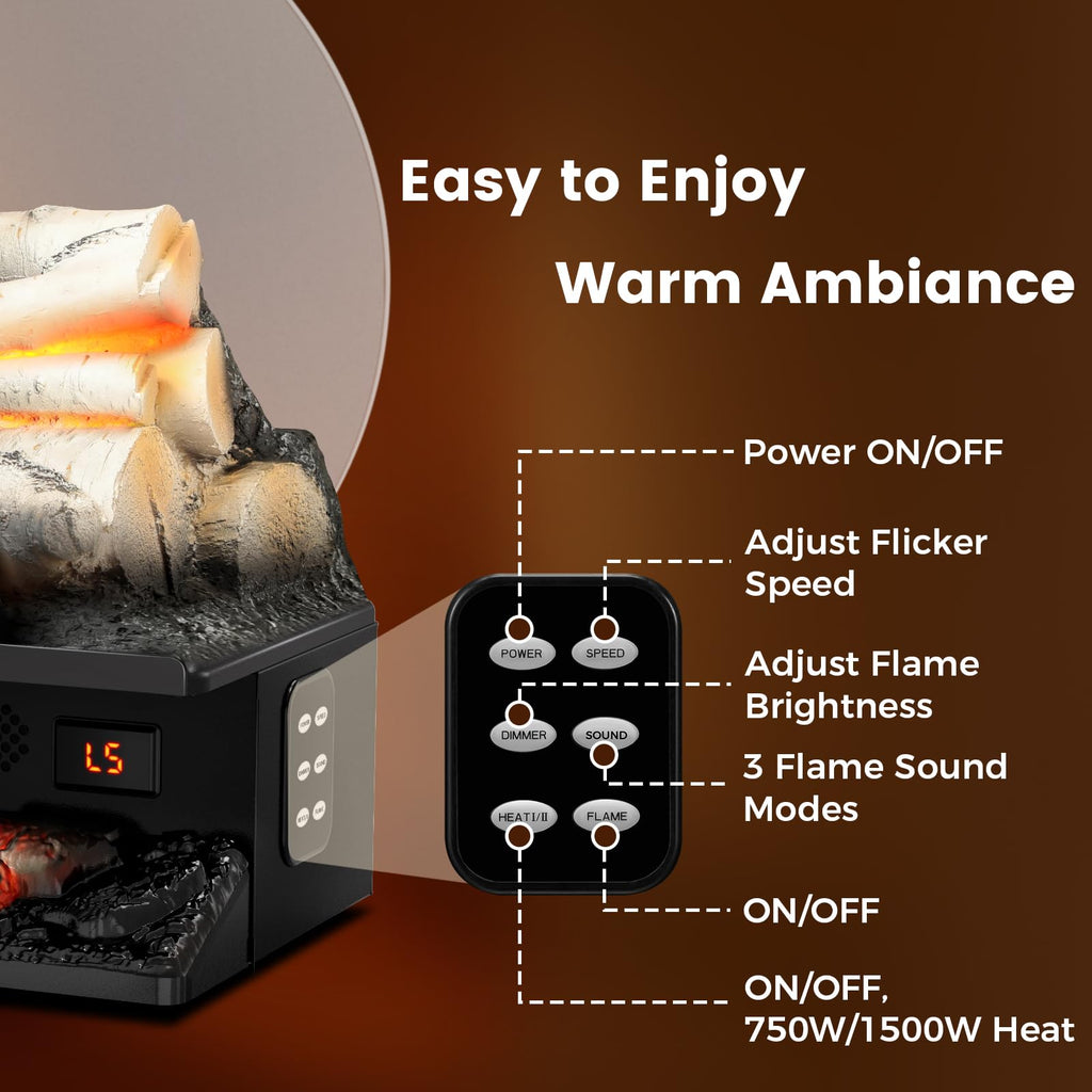 21" Freestanding Electric Fireplace Log Set with Cracking Sound, Fireplace Insert Heater with 8H Timer, 750w/1500w, 5