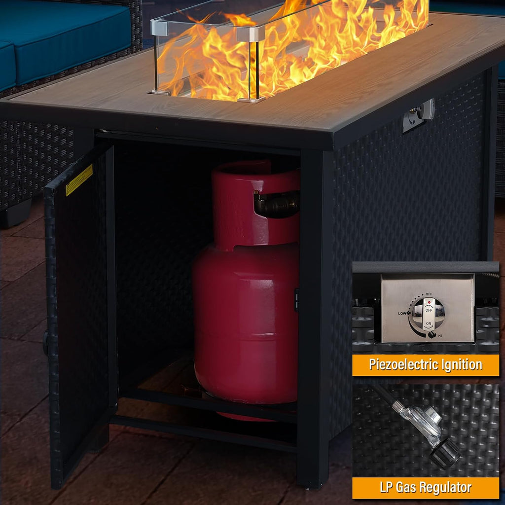 45 Inch Fire Table for Outside 60000 BTU Steel Gas Pit Outdoor with Woodgrain Marble Tabletop Glass Wind Guard Cover
