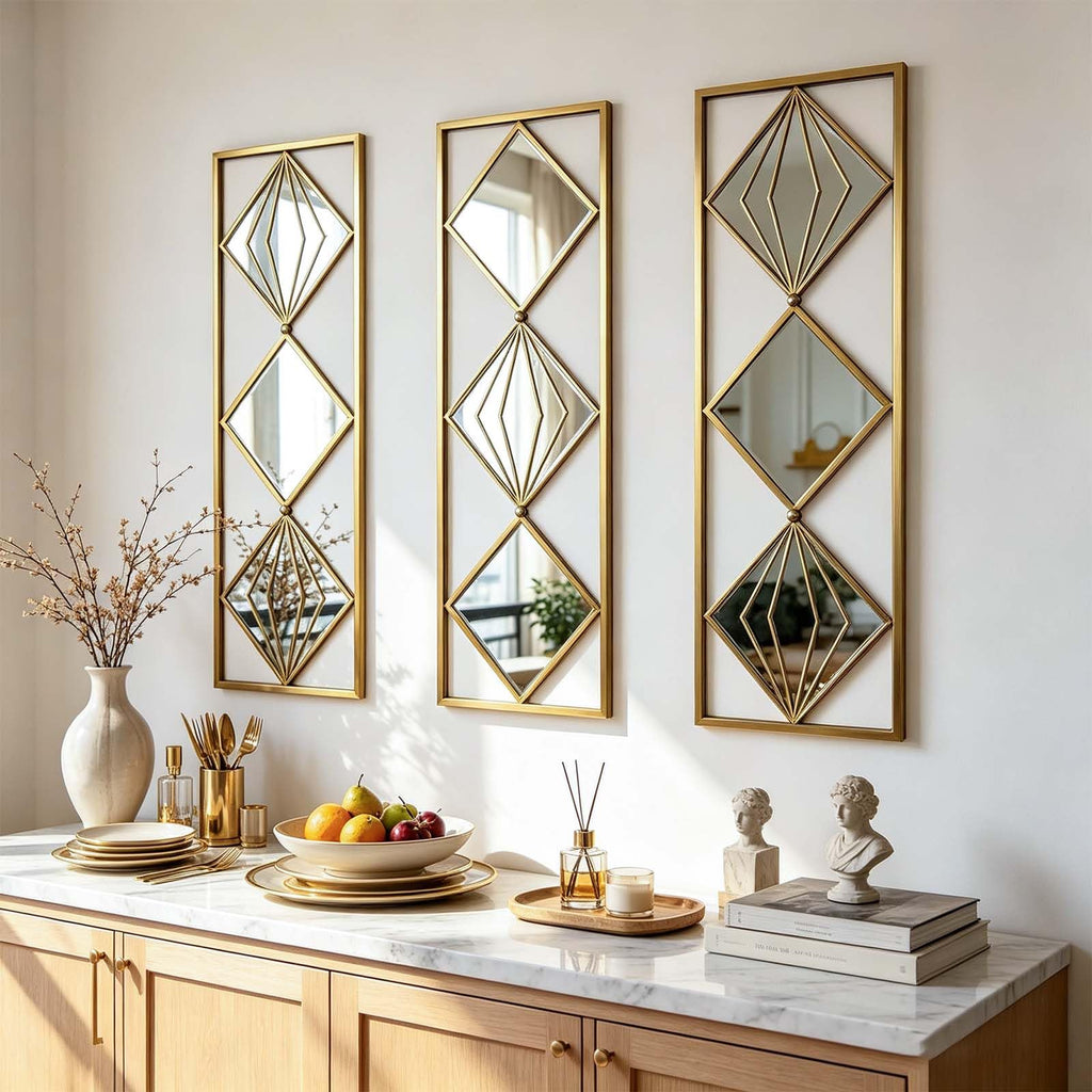 Set of 3 Gold Wall Mirrors, Large Geometric Decorative Mirrors with Metal Frames, Diamond Pattern Wall Mirror Decor