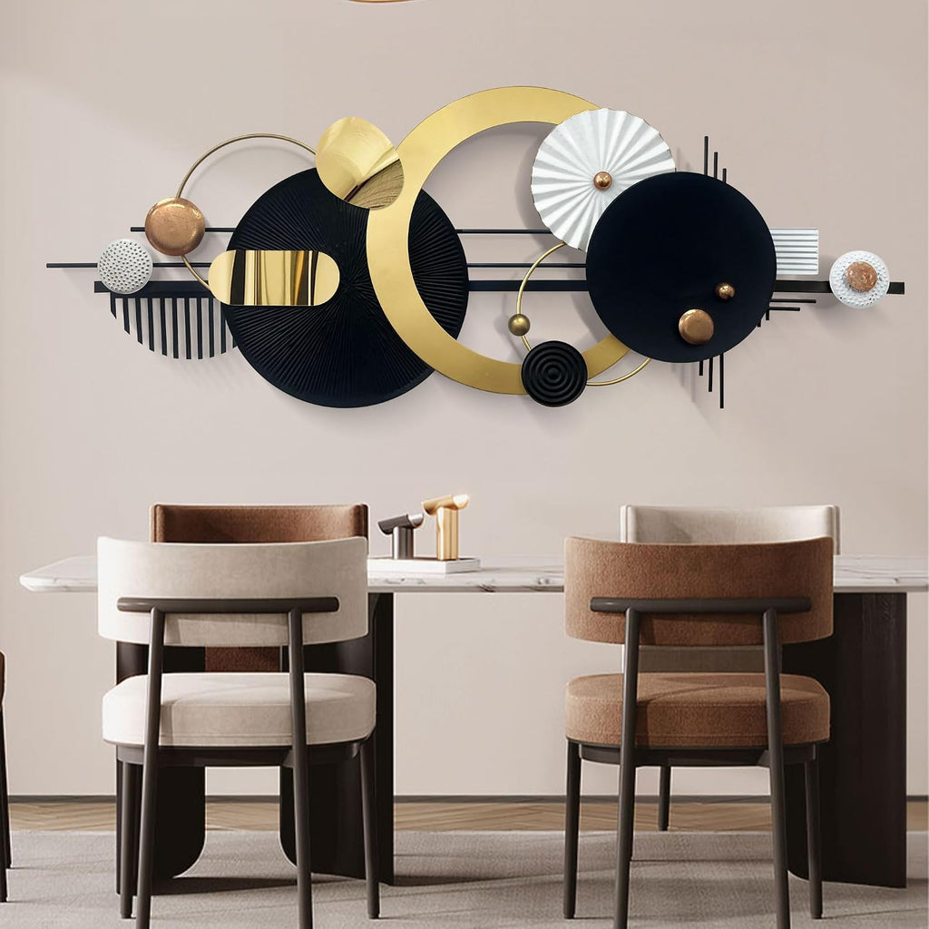 Large Modern Abstract Metal Wall Art, Black and Gold Geometric Circles Wall Decoration, Contemporary Home Decor,59 ×