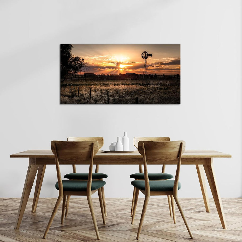 Large Size Wall Art Rural Landscape Pictures Decor Farmhouse Windmill at Sunset Scenery Photograph Painting Canvas