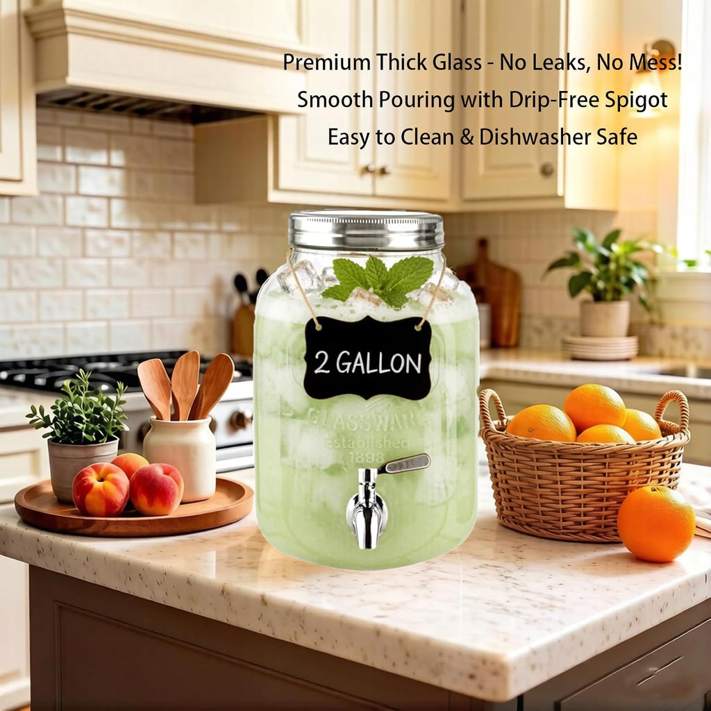 2 Gallon Glass Beverage/Drink Dispenser with Stand, Lid & Ice Core | Leakproof 18/8 Stainless Steel Spigot | Mason