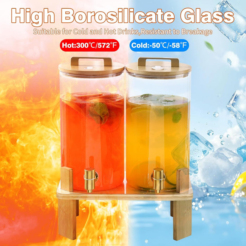 1.5 Gallon 2 PACK Glass Drink dispenser, Beverage Dispenser With Wood Stand, Lemonade Dispenser with Airtight Valve - Set of 2