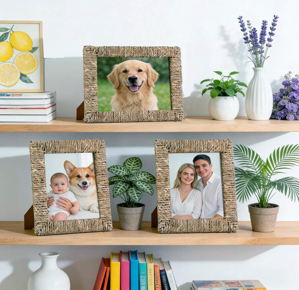 2 Pack 5x7 Boho Rattan Picture Frame, Handwoven Seagrass Woven Photo Frame with Acrylic Glass, Rustic Tabletop Frame