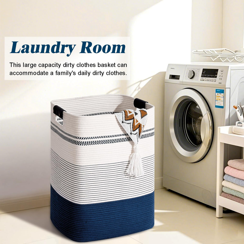 Laundry Hamper, 95L Tall Laundry Basket with Leather Handles, Rectangle Large Clothes Hamper for Organizing, Cotton