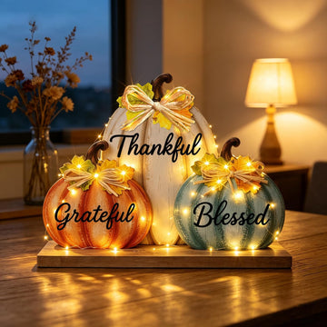 Fall Pumpkin Decor with LED Lights, Wooden Thanksgiving Table Sign "Blessed Grateful Thankful", Rustic Harvest Home - Set of 3