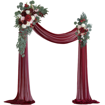 Burgundy Artificial Wedding Arch Flowers Kit (Pack of 3) with 26Ft Burgundy Shiny Arch Draping Fabric for DIY Wedding